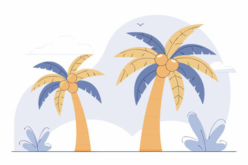 Obraz premium Vibrant vector illustration featuring two tropical palm trees with coconuts, evoking a serene beach vacation graphic design