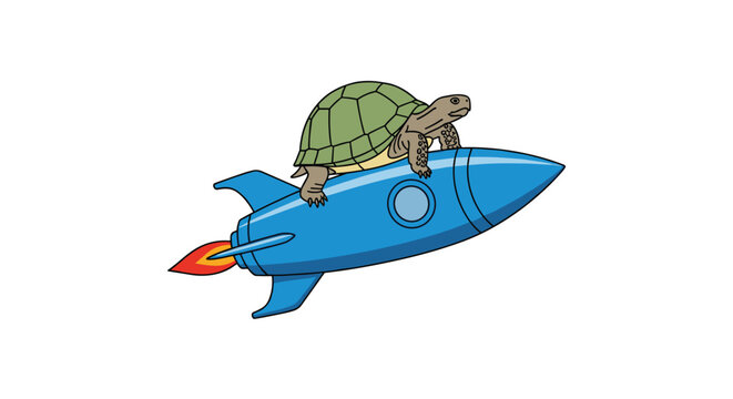 A realistic green turtle with a textured shell balances carefully on a streamlined blue rocket propelled by a small orange flame against a white background.