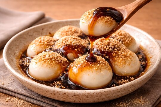traditional japanese warabimochi dessert with sweet black honey and kinako