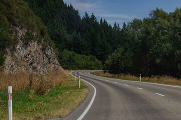 Fototapeta premium Winding Mountain Road Through Lush Forest and Rocky Terrain on Sunny Day