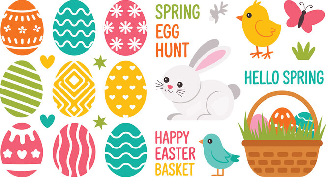 Comprehensive collection of colorful Easter eggs, a charming bunny, chick, basket, and spring phrases