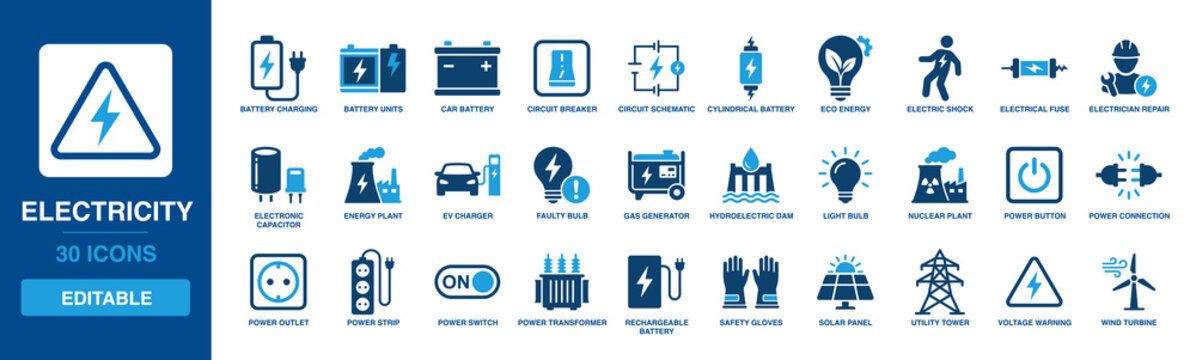 Electricity solid vector glyph icon set featuring battery charging, power connection, electric repair, circuit breaker, light bulb, solar panel, and wind turbine symbols.