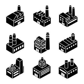 Collection of Isometric Factory and Industrial Building Icons Set.