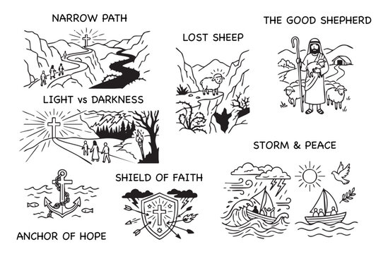 Collection of christian themed line art showing religious concepts and parables