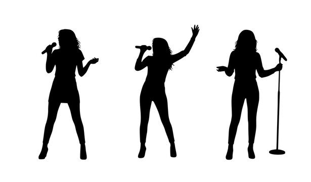 Female singer silhouettes set with microphone stand and singing poses isolated on white background music vector collection