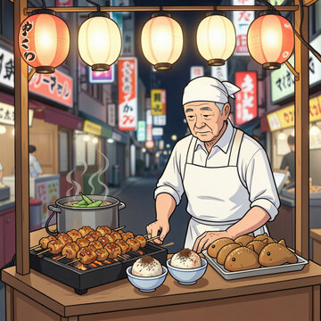 Vector Illustration of Japanese Snacks Yakitori and Takoyaki