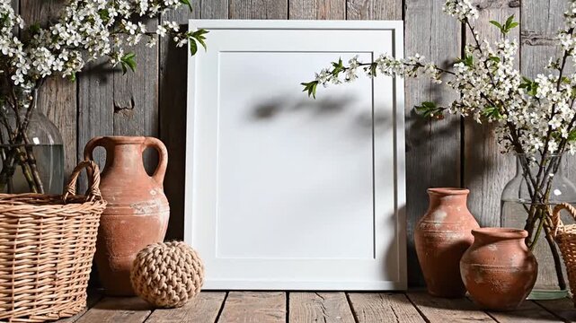 Blank white poster frame on rustic wooden background with flowers