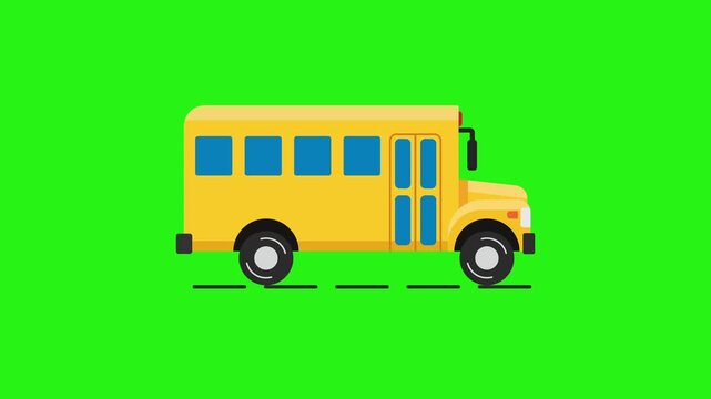 School bus flat vector driving loop animation on green screen background for overlay and motion graphics use