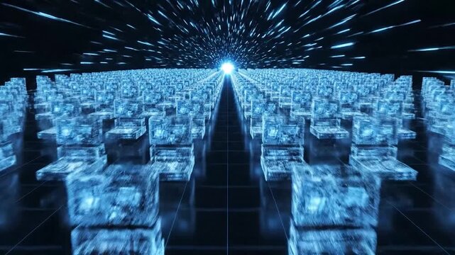 Abstract digital cityscape with glowing blue structures receding into a bright light