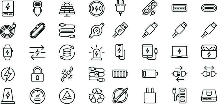 Charging connector types outline icon set featuring electric vehicle plug adapters cable compatibility symbols for apps websites dashboards presentations interface design
