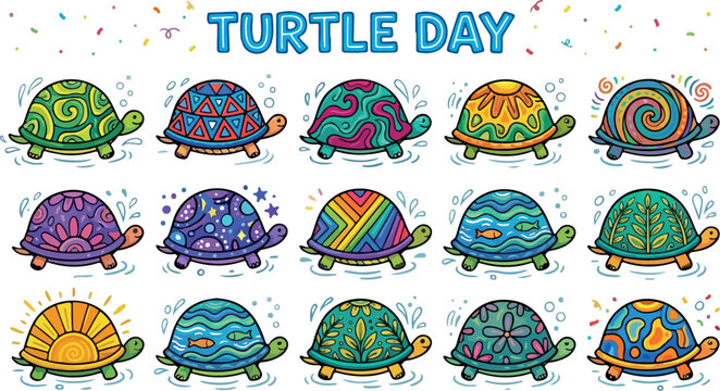 Colorful cartoon turtles with creative shell designs for World Turtle Day or conservation themes