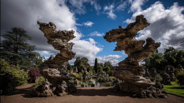 Dramatic stone rock formations rise above a tranquil pond in a lush garden setting under a cloudy sky.