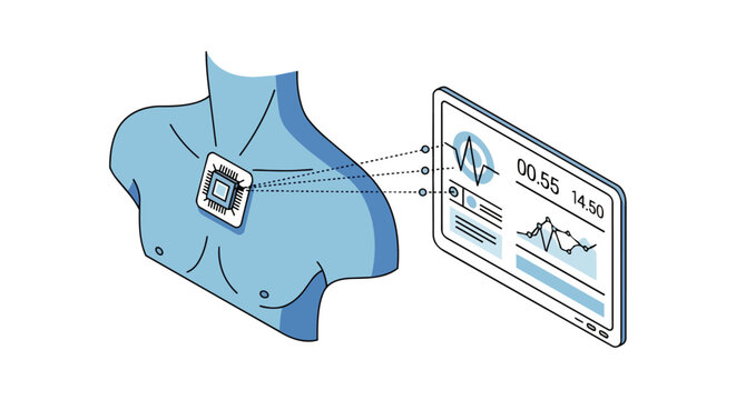 Isometric Illustration of Wearable Bio-Sensor Transmitting Real-Time Medical Data to Digital Tablet