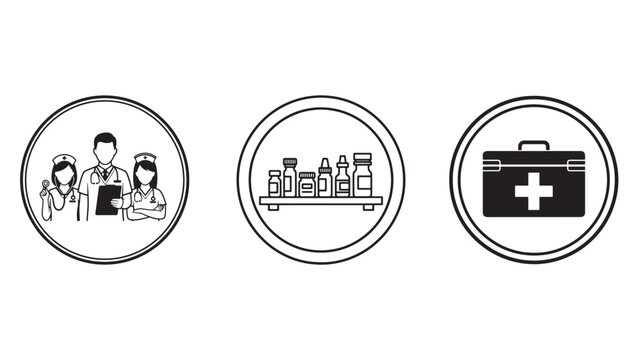 Medical team, pharmacy medications, and first aid kit icons set, representing healthcare services and emergency assistance in a minimalist black and white design.