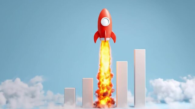A red rocket launching upwards, with flames bursting out, and rising bar graphs, symbolizing growth and progress