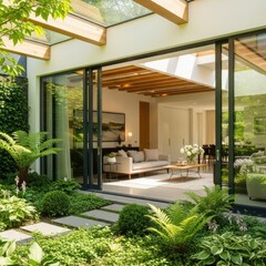 Fototapeta premium Modern home exterior with lush garden and open doorway to interior space