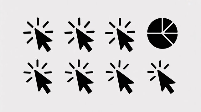 A minimalist icon set of eight black mouse cursor designs arranged in a 2x4 grid against a light gray background.