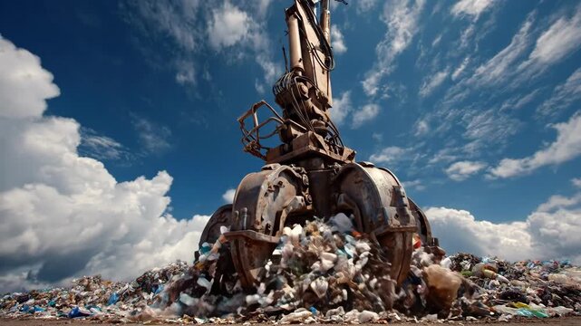 A giant claw machine lifting a pile of waste and trash under a cloudy sky