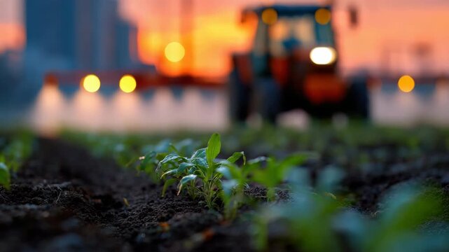 Tractor cultivating young crops at sunset: focus on emerging plants and agricultural progress