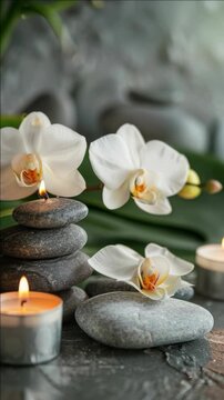 Rocks stacked to resemble a flower; candle and incense add to peaceful atmosphere.