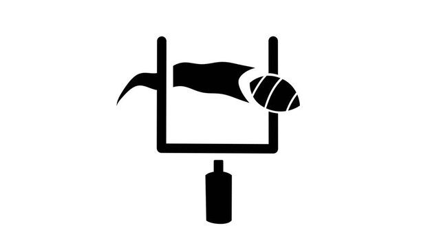 Animated American football flying through goalpost icon, black and white silhouette concept of scoring a field goal