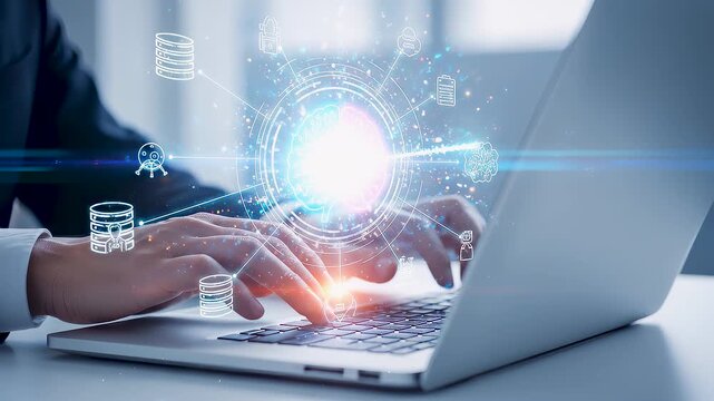 Corporate businessman types on laptop computer while artificial intelligence brain hologram projects data mining network for automated machine learning and predictive business analysis.