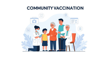 Vector illustration depicting a community healthcare outreach program with a doctor vaccinating a child, while an elderly couple stands nearby, all against a clean background promoting © Jangkrik