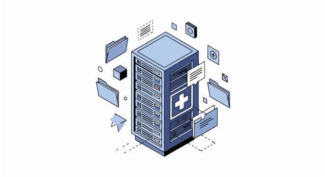 Isometric Medical Data Server Illustration for Digital Healthcare Informatics and Secure Patient Record Management