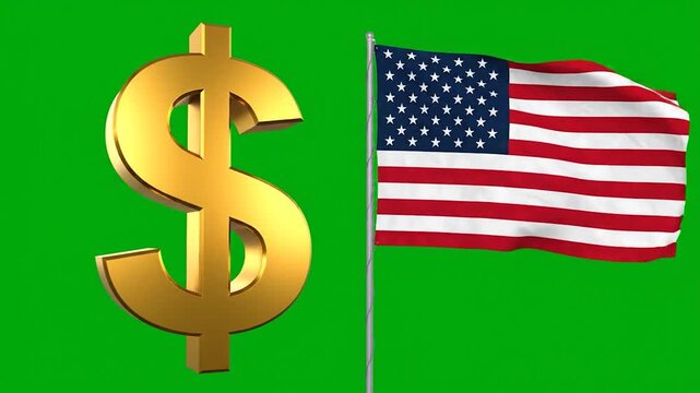 A large golden dollar sign symbol stands next to a waving national flag on a green background