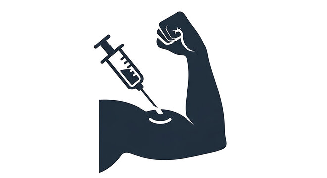 Muscular arm with syringe injecting medicine or vaccine, symbolizing health and wellness, fitness and immunity, medical treatment concept
