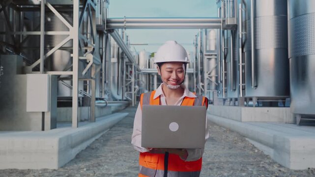 Front View of Asian Female Engineer Use Computer While Walking at Industrial Chemical Plant with Row of Stainless Steel Storage Silos