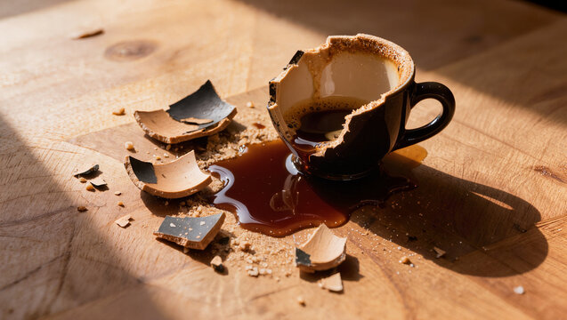 Broken Coffee Cup with Spilled Liquid on Wooden Table