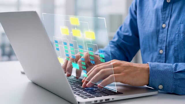 Businessperson types on laptop computer while digital document management system projects holographic organizational structure chart for automated data analysis and financial reporting process.