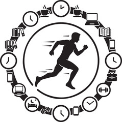 Fototapeta premium Man running in circle surrounded by icons representing daily life activities and time