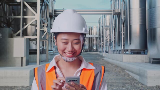 Front View of Asian Female Engineer Use Smartphone While Walking at Industrial Chemical Plant with Row of Stainless Steel Storage Silos