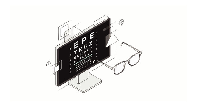 Digital Eye Exam Isometric Illustration with Computer Monitor Displaying Snellen Eye Chart and Eyeglasses for Vision Correction and Optometry Concept