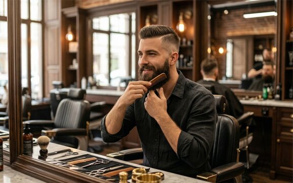 Male model grooming beard in luxury barbershop, undercut hairstyle, warm cinematic lighting