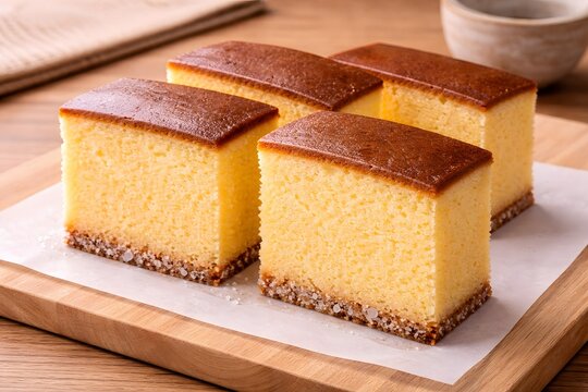 traditional japanese castella sponge cake on wooden board with crystal sugar