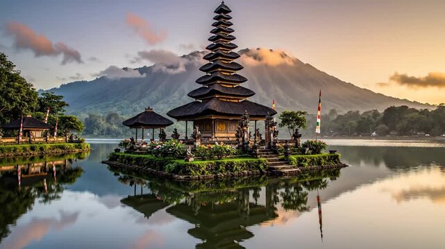 Ulun Danu Beratan temple on lake in Bali at sunrise