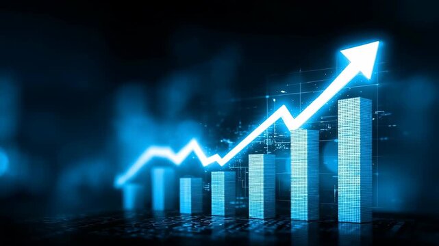 A blue graph indicating business growth with a bright arrow