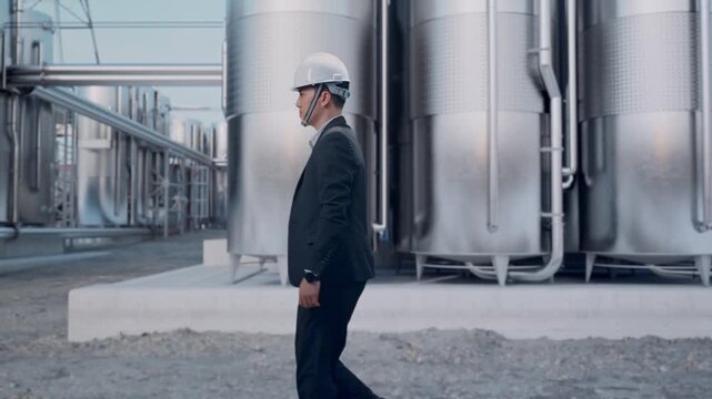 Side View of Asian Businessman Walking at Industrial Chemical Plant with Row of Stainless Steel Storage Silos