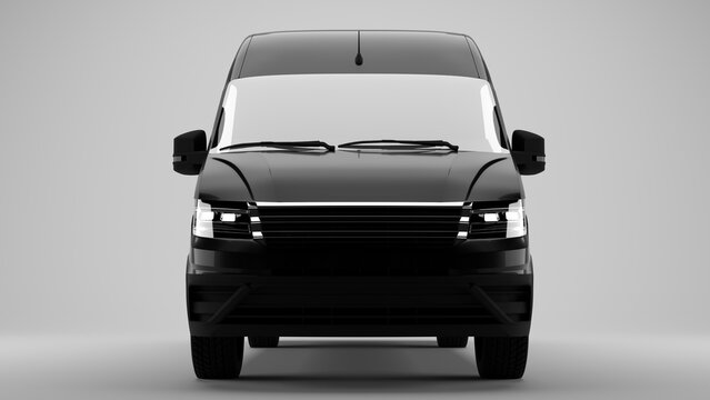 3D Render of concept black van car on white background front view with headlights