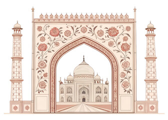Fototapeta premium Minimal vector Indian Mughal arch with symmetrical floral carvings, soft pastel palette, isolated on white background