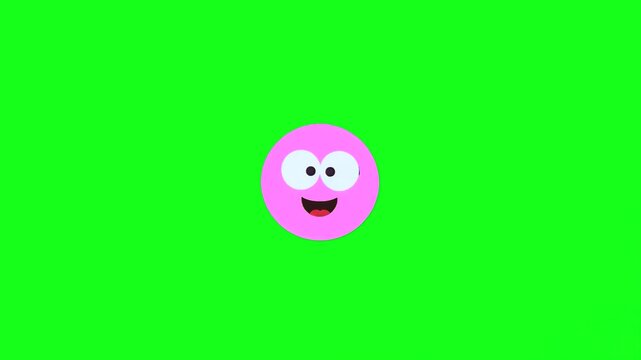 A cheerful pink circular emoji character with big eyes and a smile bounces and dances against a solid green chroma key background. This simple and expressive 2D animation is ideal for social media rea