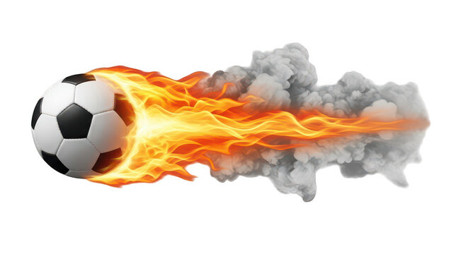 A soccer ball with a fiery trail indicating rapid movement isolated on transparent background png