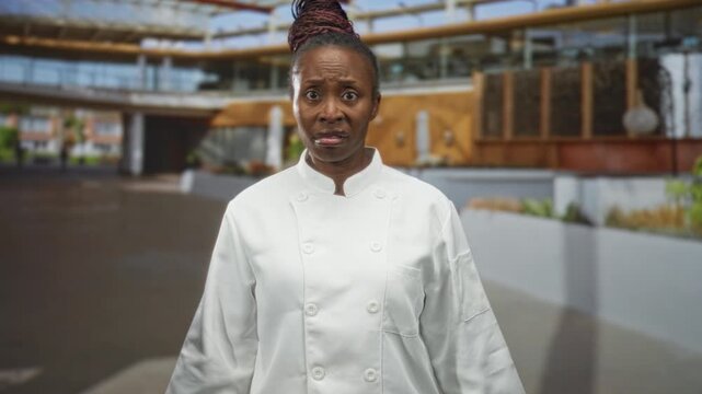 Young woman chef in white coat with a worried facial grimace and furrowed brow in a modern building; anxiety uncertainty.