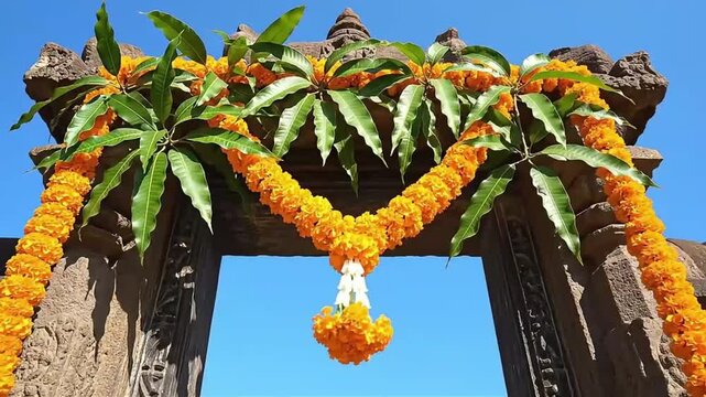 Puthandu Tamil New Year festive archway decorated with flowers and leaves
