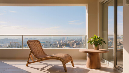 Fototapeta premium Modern Balcony Lounge with Wicker Chaise and City View