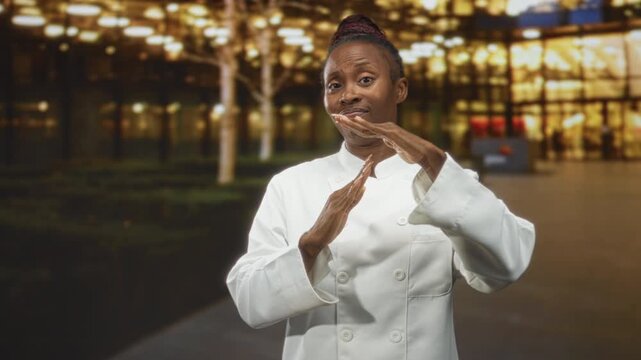 Woman chef in white coat makes timeout gesture with hands in front of a glass building plaza lit by warm lights at night; confidence dedication.