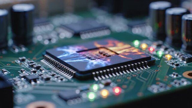 Close-up view of a central processing unit on a green circuit board with colorful abstract patterns illuminated on its